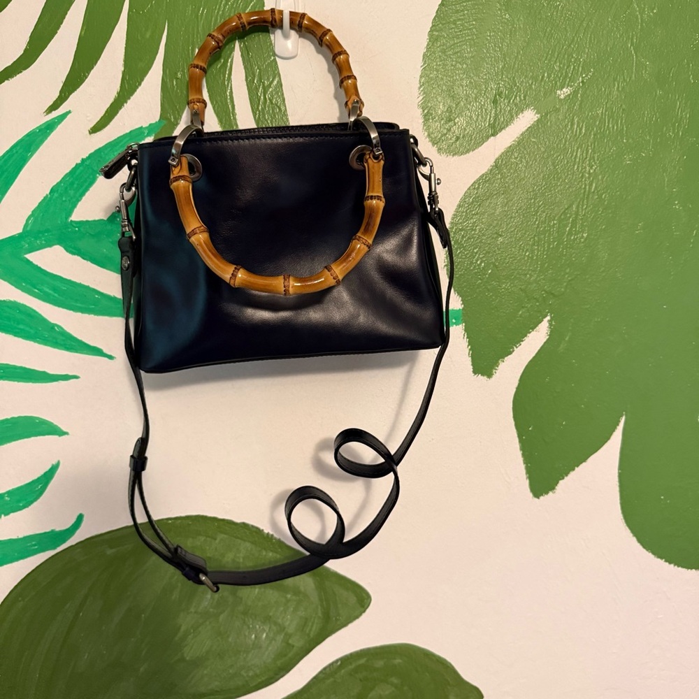 Patricia Nash Navy Leather Satchel with Bamboo Handles - Picture 3 of 9